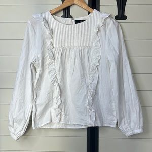 Able white pin-tucked bib blouse with ruffle detailing, size small